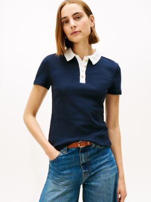 Gold-Button Ribbed Polo, Navy Blue