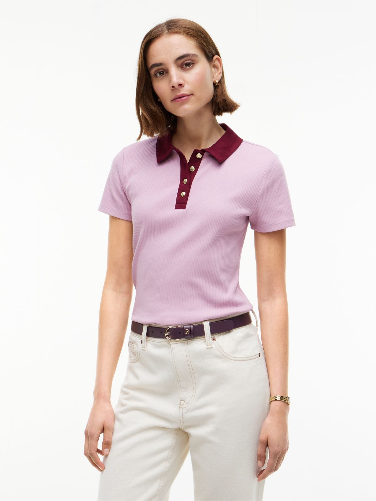 Gold-Button Ribbed Polo — Mystic Orchid Combo