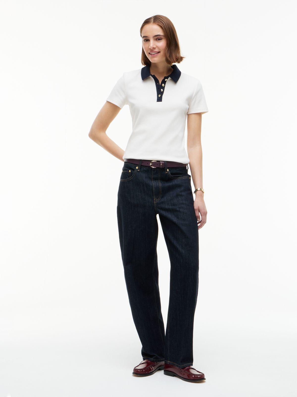 Gold-Button Ribbed Polo — Ivory Silk Combo