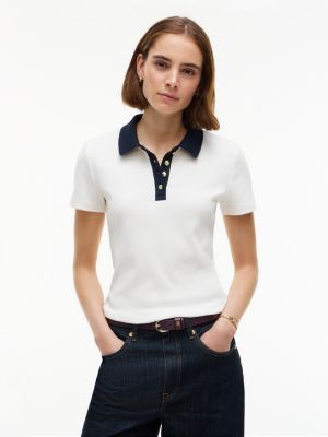 Gold-Button Ribbed Polo, Ivory Silk Combo