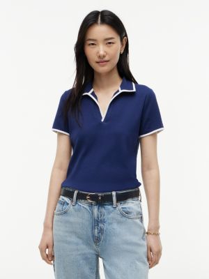 Tipped Split Placket Stretch Polo, Preppy Navy