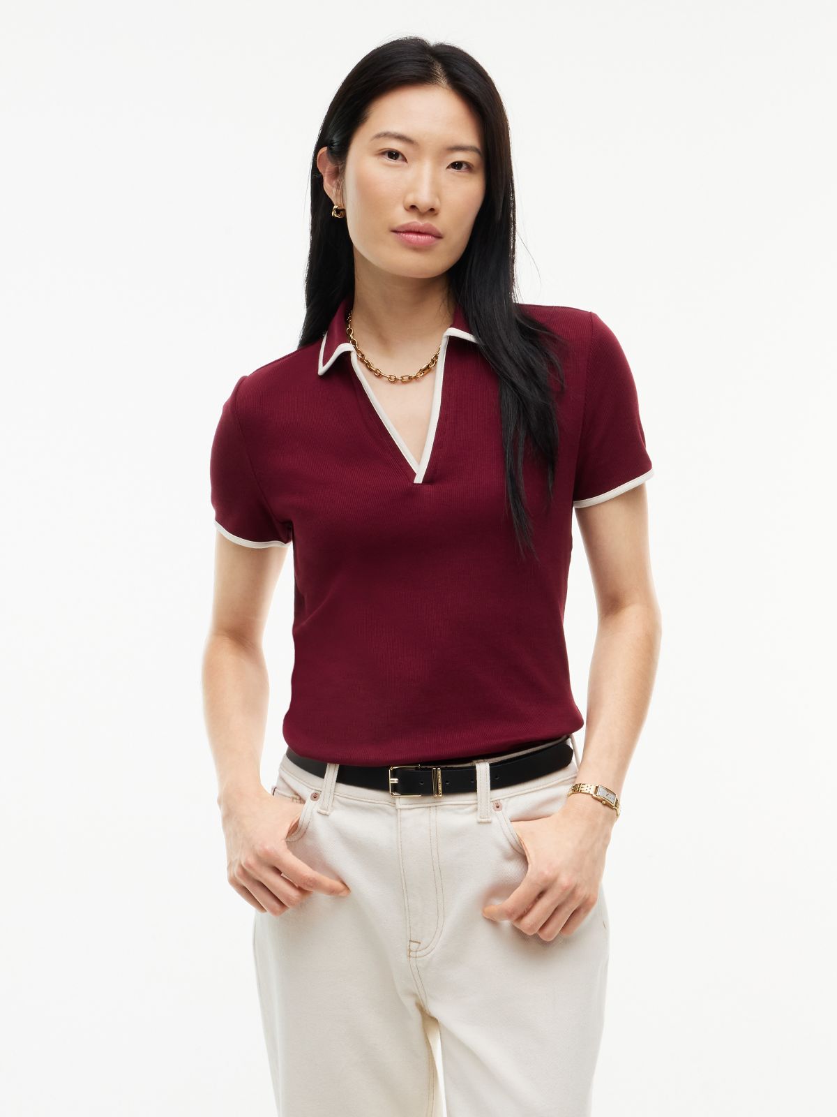 Tipped Split Placket Stretch Polo — Burgundy