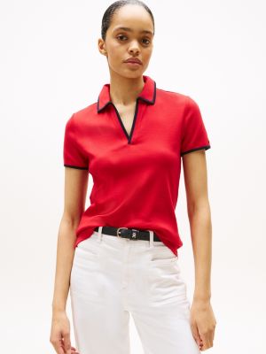 Tipped Split Placket Stretch Polo, Primary Red