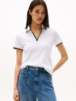 Tipped Split Placket Stretch Polo, Optic White