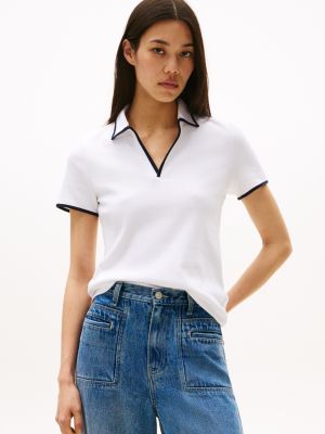 Tipped Split Placket Stretch Polo, Optic White