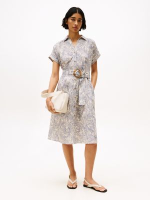 Tropical Print Linen-Blend Shirtdress, Classic Beige
