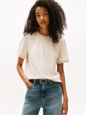 Short-Sleeve Stripe Sweatshirt, Classic Beige Stripe