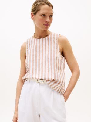 Stripe Cotton-Linen Blend Tank Top, Khaki Stripe