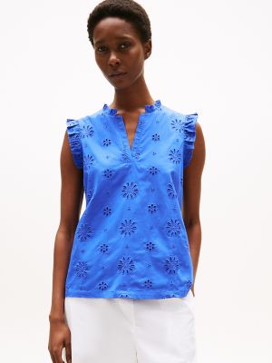 Embroidered Eyelet Sleeveless Top, Dazzling Blue