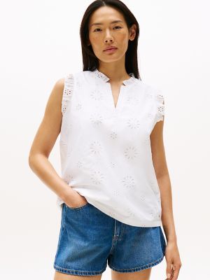 Embroidered Eyelet Sleeveless Top, Ecru