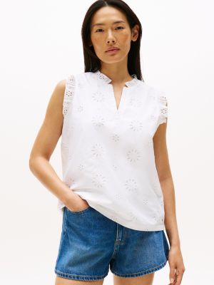 Embroidered Eyelet Sleeveless Top, Ecru