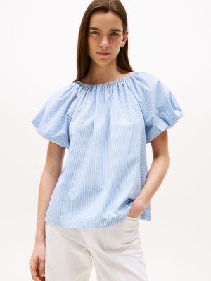 Stripe Puff-Sleeve Top, Blue Stripe