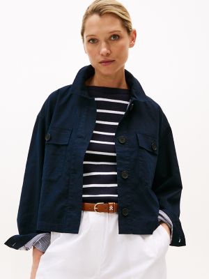 Cotton-Linen Blend Boxy Cropped Jacket, Navy