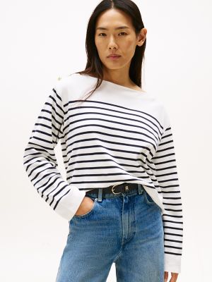 T-shirt rayé à manches longues avec boutons dorés, rayures bleu marine