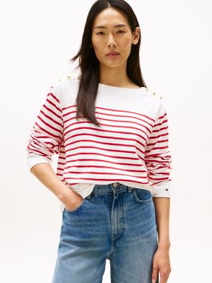Gold-Button Stripe Long-Sleeve T-Shirt, Primary Red Stripe