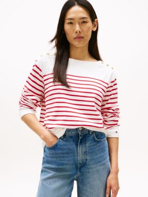 Gold-Button Stripe Long-Sleeve T-Shirt, Primary Red Stripe