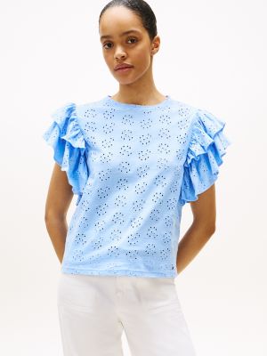 Embroidered Eyelet Ruffle-Sleeve T-Shirt, Vessel Blue