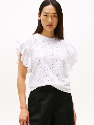 Embroidered Eyelet Ruffle-Sleeve Top, Optic White