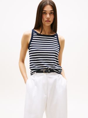 Linen Blend Stripe Tank Top, Navy