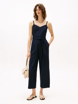 Strappy Linen-Blend Jumpsuit, Navy