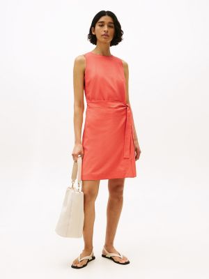 Sleeveless Linen-Blend Faux Wrap Dress, Peach Dusk
