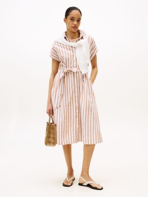 Stripe Linen-Cotton Blend Shirtdress, Khaki Stripe