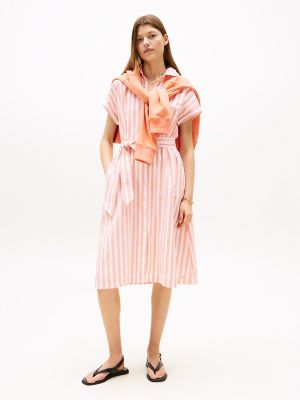 Stripe Linen-Cotton Blend Shirtdress, Peach Dusk Stripe
