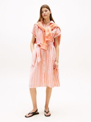 Stripe Linen-Cotton Blend Shirtdress, Peach Dusk Stripe