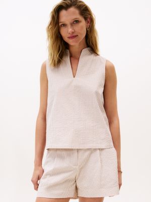 Stripe Sleeveless Seersucker Top, Classic Khaki