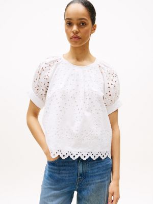 Embroidered Eyelet Short-Sleeve Top, Optic White
