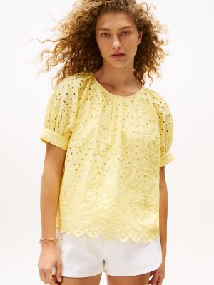 Embroidered Eyelet Short-Sleeve Top, Citronella