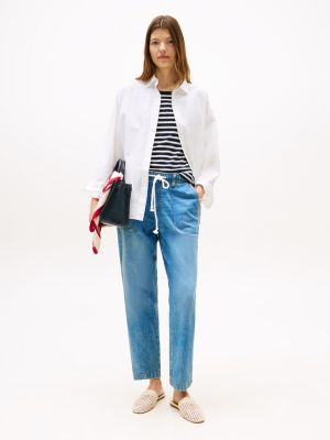 Cropped Cotton-Linen Blend Utility Jean, Medium Wash