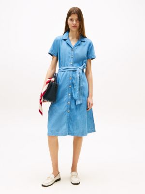Belted Chambray Midi Shirtdress, Medium Wash