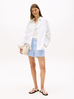 Scallop-Hem Linen-Blend Short, Blue Stripe