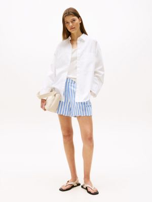 Scallop-Hem Linen-Blend Short, Blue Stripe