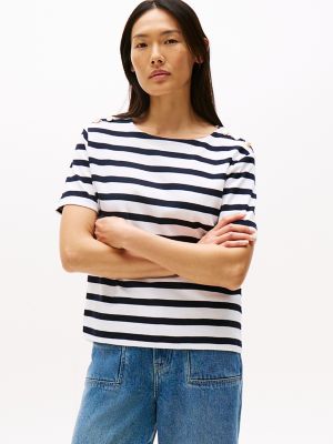 Gold Button-Shoulder Stripe T-Shirt, Navy