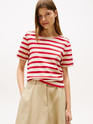 Gold Button-Shoulder Stripe T-Shirt, Primary Red