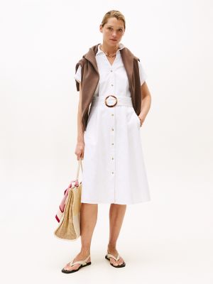 Belted Linen-Cotton Blend Shirtdress, Optic White