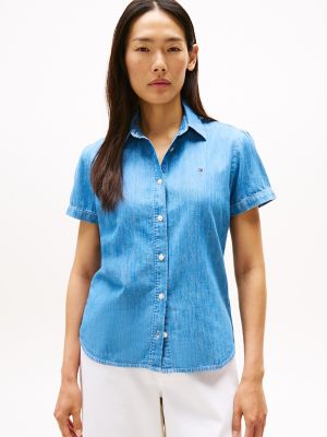 Chambray Puff-Sleeve Shirt, Medium Wash
