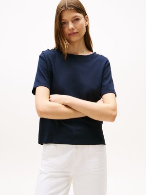 Gold Button-Shoulder T-Shirt, Navy