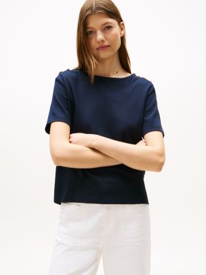 Gold Button-Shoulder T-Shirt, Navy