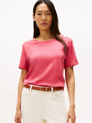 Gold Button-Shoulder T-Shirt, Heritage Pink
