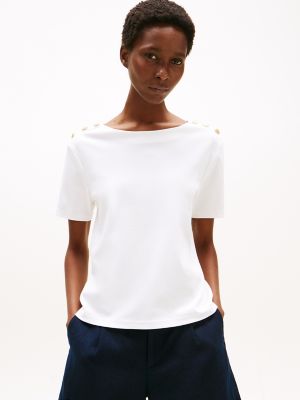 Gold Button-Shoulder T-Shirt, Optic White
