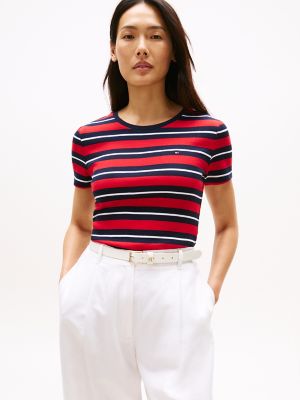 Stripe Crewneck T-Shirt, Navy Blue / Red Stripe