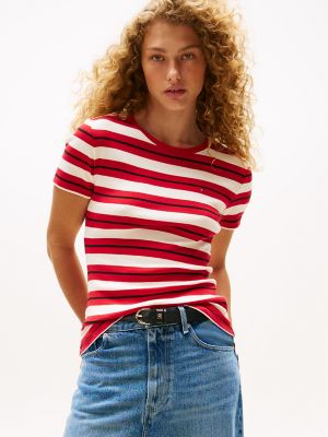 T-shirt ras du cou rayé, rayures rouges/blanches