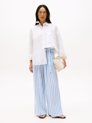 Stripe Wide-Leg Paper-Bag Pant, Blue Stripe