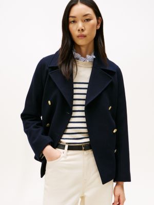 Wool-Blend Double-Breasted Peacoat, Navy Blue