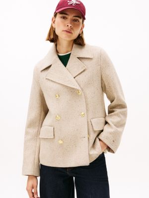 Double-Breasted Wool-Blend Peacoat, Oatmeal Heather