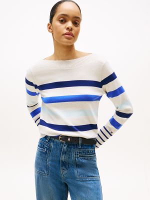 Stripe Boatneck Sweater, Beige / Blue Stripe