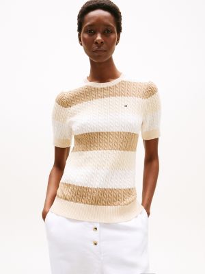 Short-Sleeve Stripe Cable Knit Sweater, Beige Stripe